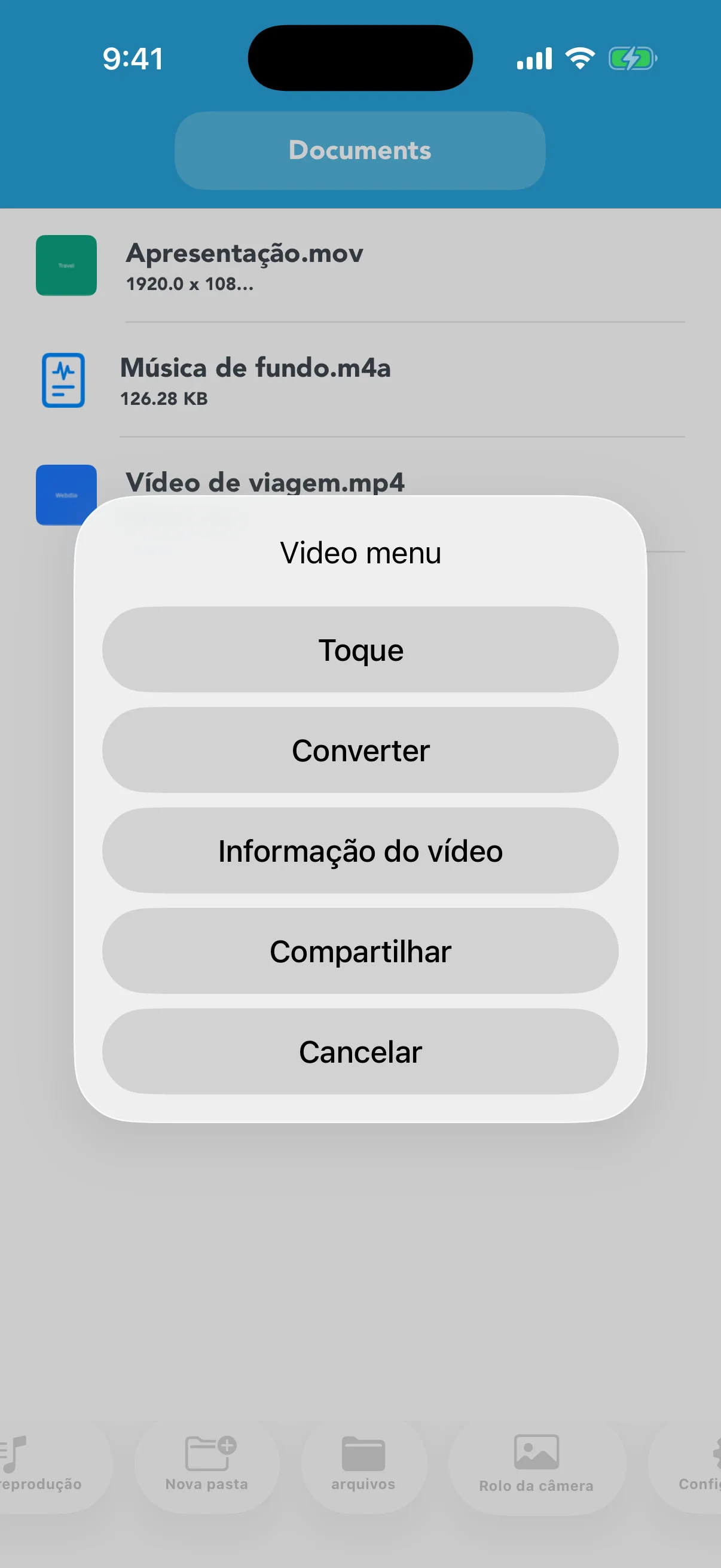 Menu Reproduzir, Converter, Informações e Compartilhar