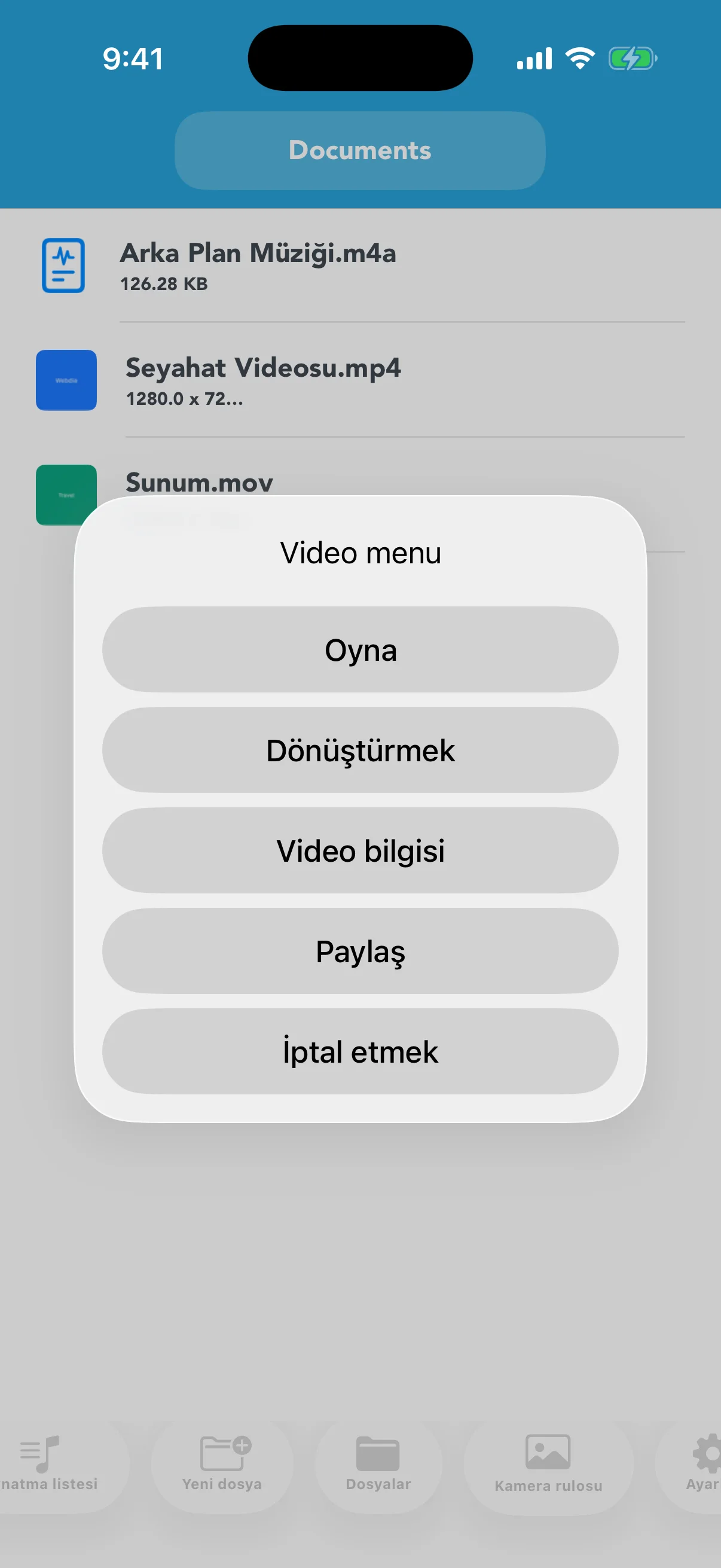 Oynat, Dönüştür, Video bilgisi ve Paylaş menüsü